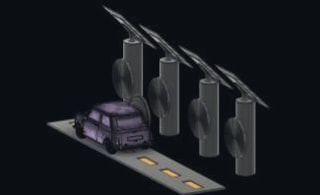 Concept render: a gray road with a purple car and roadside pillars topped with solar panels carrying coil disks