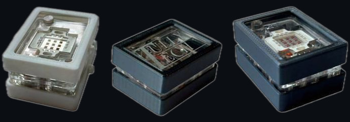 Three AntiCam V2 pins side by side: white, dark gray and navy, each with a clear top showing the emitter module