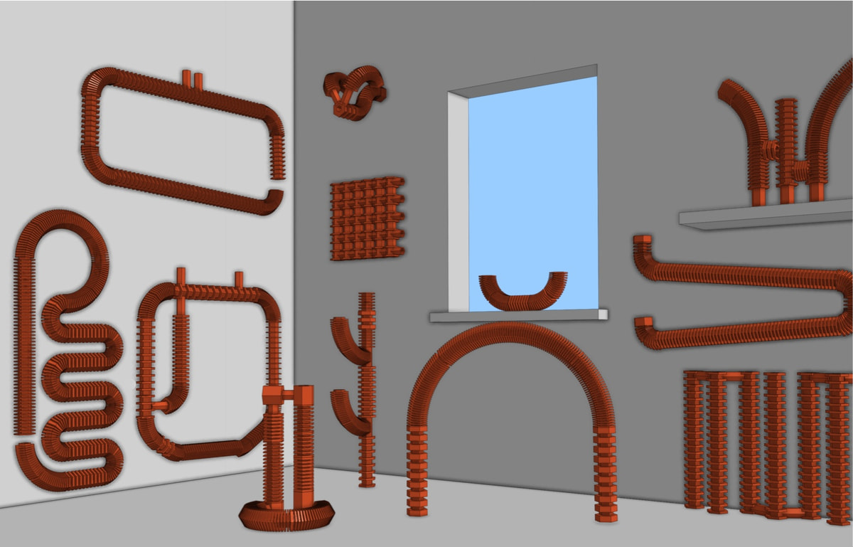 Renders of twelve cooling-screen designs in terracotta pipes on the walls and window of a grey room: coils, arches, grids and branching forms