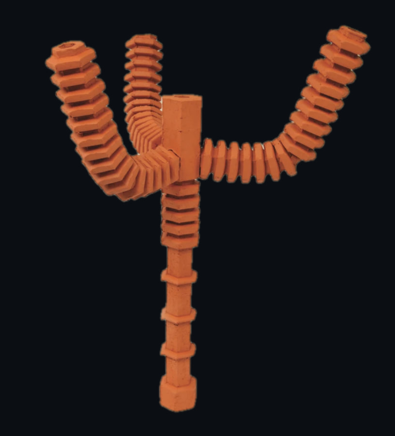An assembled terracotta cooling chandelier: three ribbed hexagonal clay arms curve up from a central column on a ribbed stem