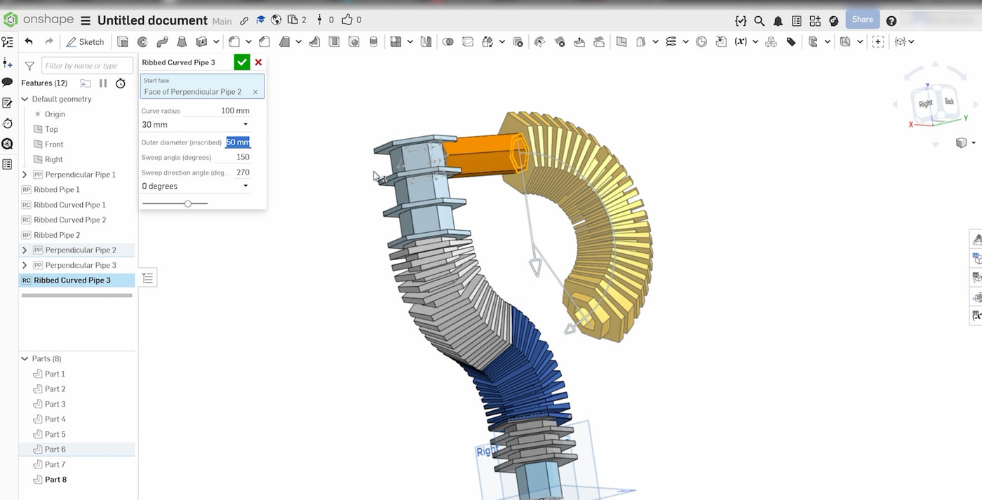 Onshape screenshot: a branching ceramic pipe assembly in blue, grey and gold, with the feature list on the left and the dialog for a ribbed curved pipe open