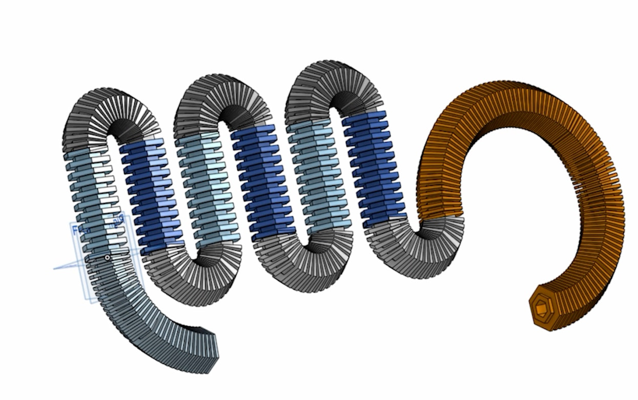 Onshape screenshot: a long coiled assembly of ribbed hexagonal pipes, coloured by segment