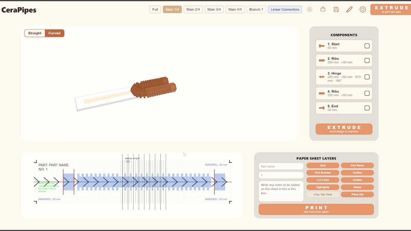 Screenshot of the CeraPipes app: a ribbed pipe in the 3D view, the list of components to extrude, and the paper blueprint with its print layers