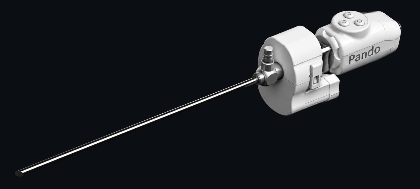Render of the LapRotator: a white attachment with three buttons on top, mounted on a laparoscope whose long shaft runs off to the lower left
