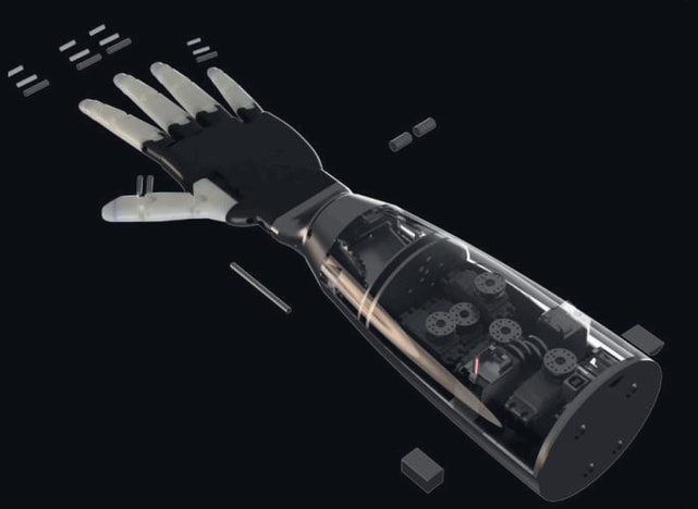 Render of the prosthetic arm with a translucent forearm: a stack of servos, gears and a circuit board visible inside, white fingers above