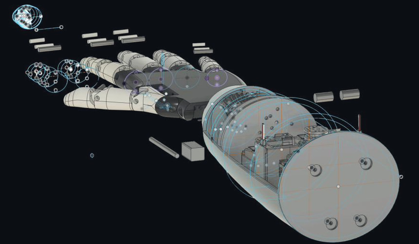 Exploded parametric CAD of the arm with construction sketches, datum lines and constraint points