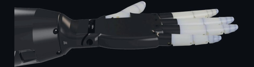 Profile render of the finished arm: glossy black conical forearm and five white printed fingers extended flat
