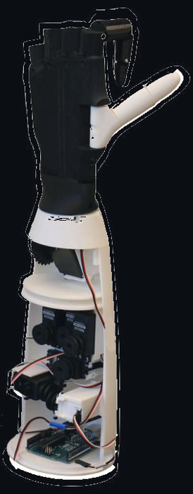 The physical forearm standing upright with its shell opened: stacked black servos, red and black wiring, a green Arduino-style board, the white hand on top