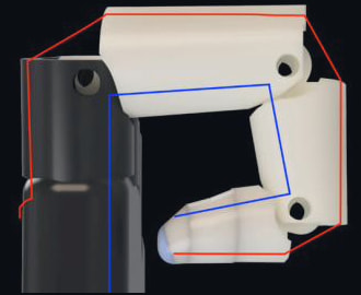 A bent printed finger with the elastic cord path traced in red outside the bend and the Kevlar cord path in blue inside