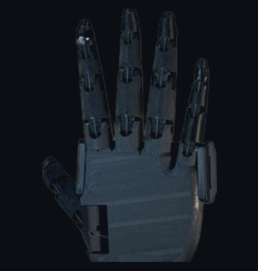 The finished black printed hand seen from the back, five segmented fingers