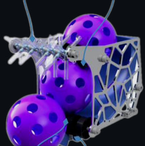 Render of the transfer: three purple artifacts in a silver Voronoi frame with a tubing roller