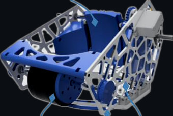 Render of the launcher: blue turret ring, adjustable hood and a weighted flywheel