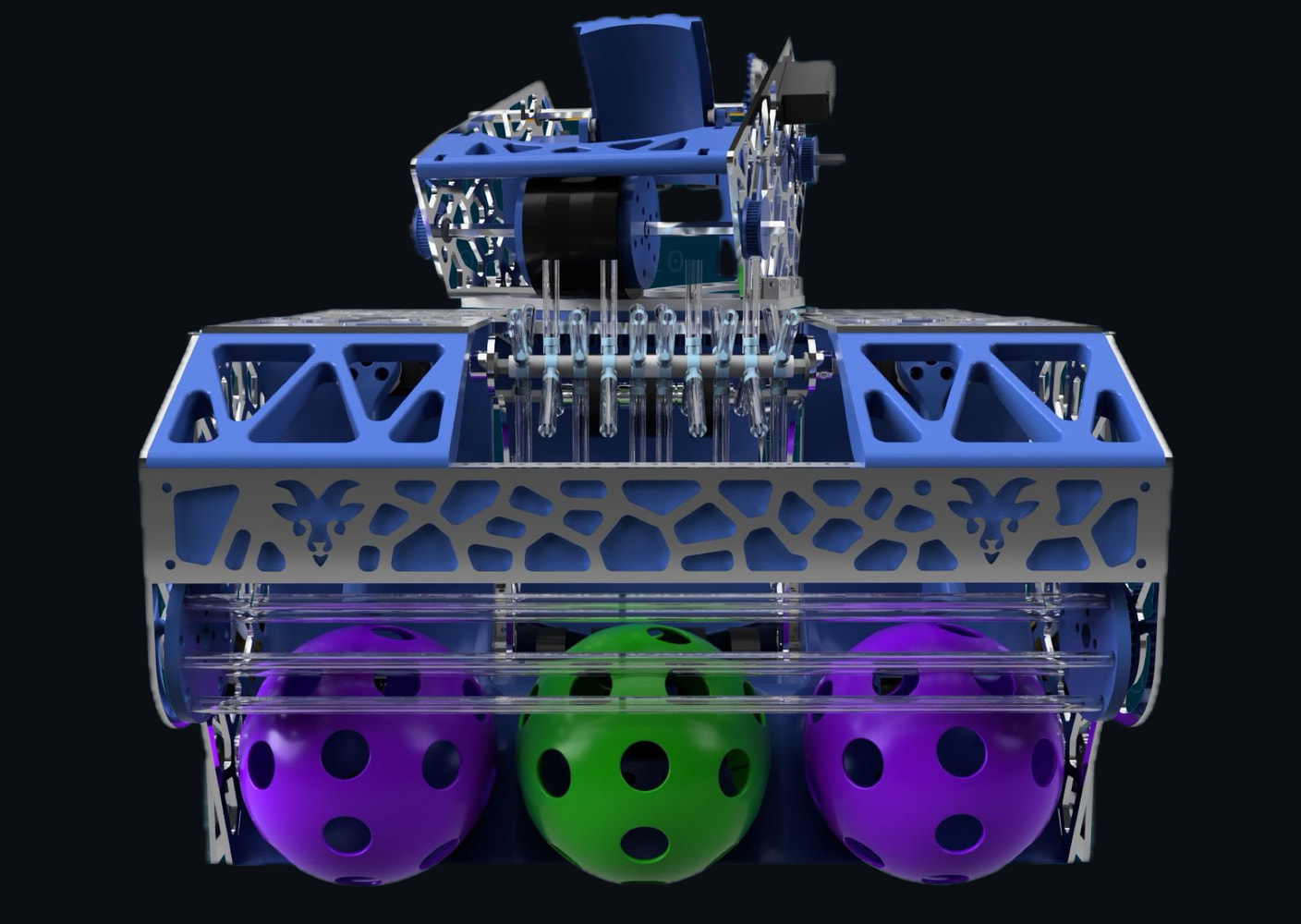 Front render of Monti: blue machined side plates with Voronoi cutouts, a turret launcher on top, and three purple and green balls held in the intake