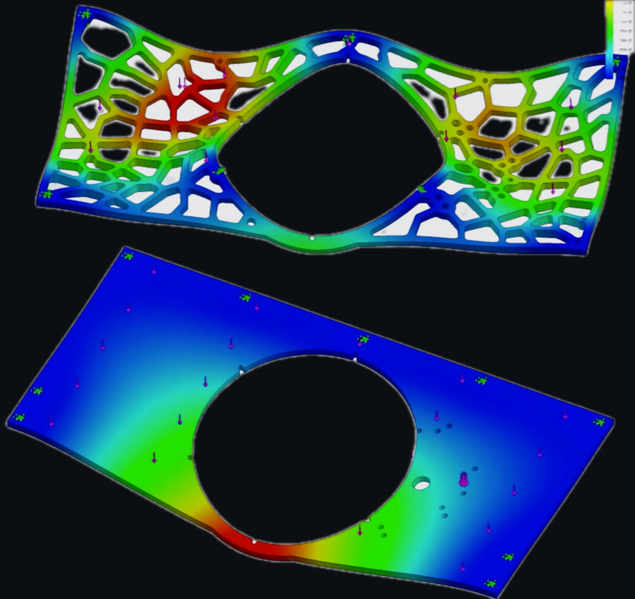 Stress analysis of two robot plates in false colour, blue for low stress and red for high: a Voronoi-cut side plate above and a solid plate with a round cutout below